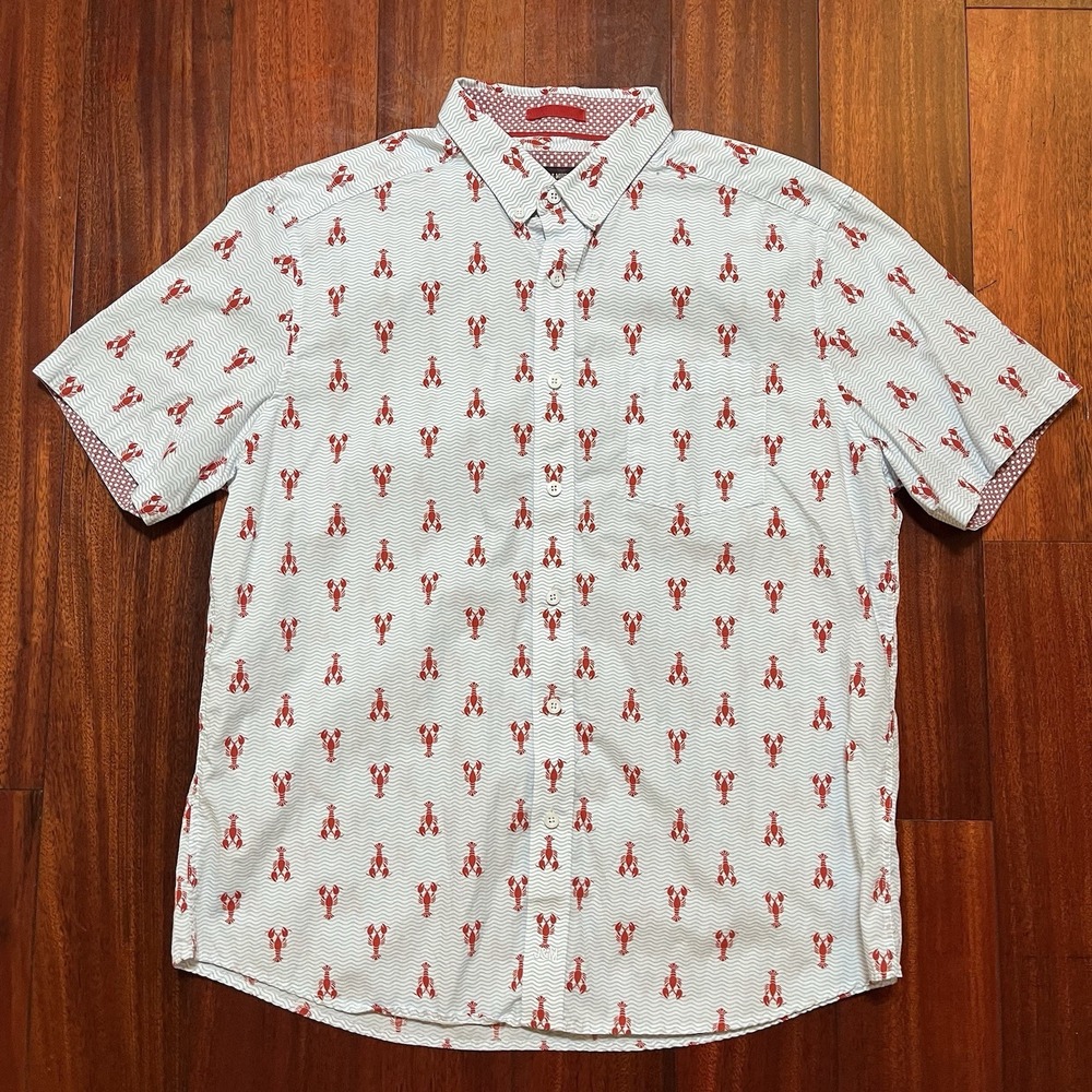 Johnston & Murphy Shirt Men Large Blue Red Lobster AOP Button Down Preppy Casual